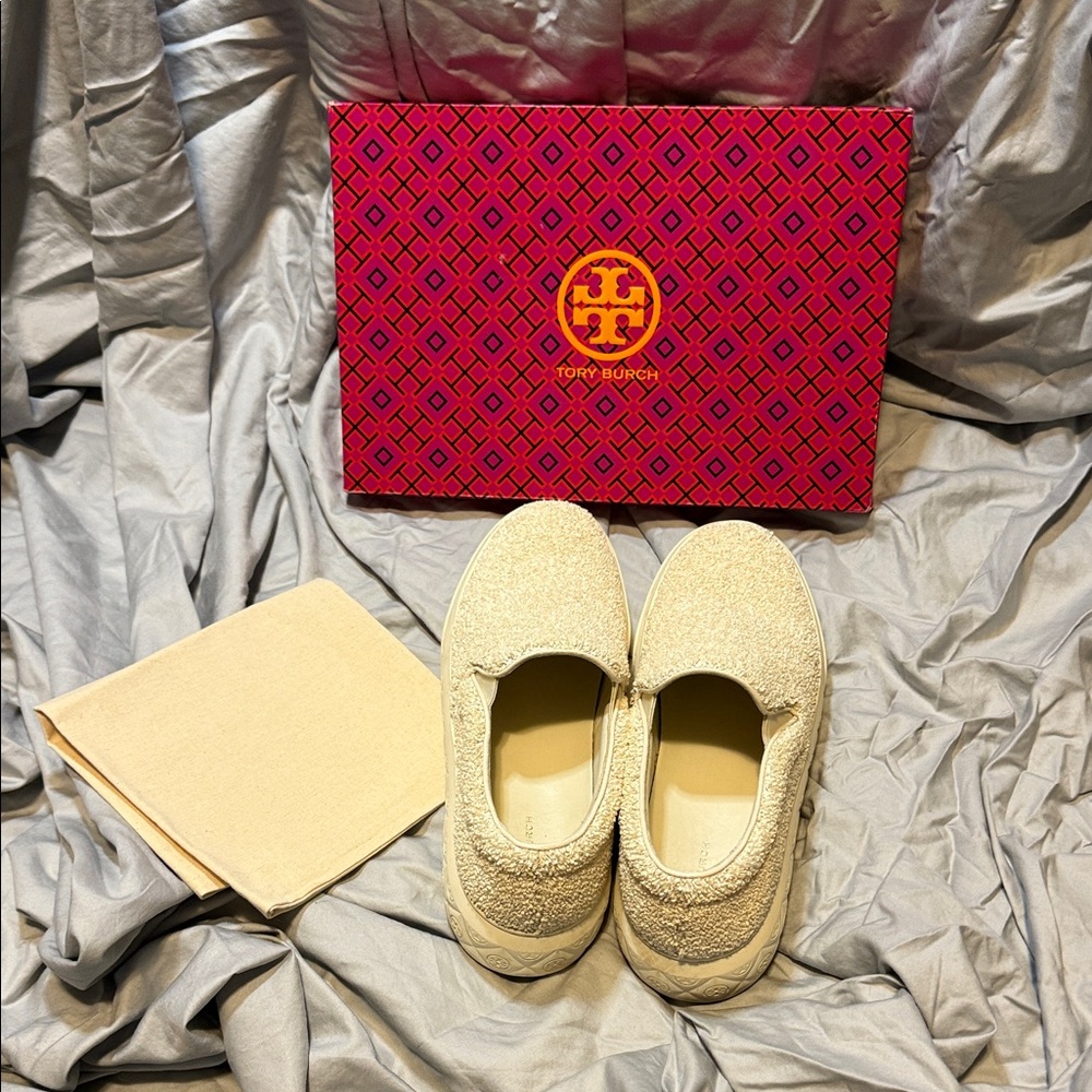 Tory Burch Beige Textured Slip-Ons